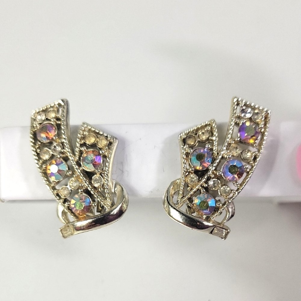 Coro Aurora Borealis Rhinestone Clip Earrings Vintage Costume Gold Tone
